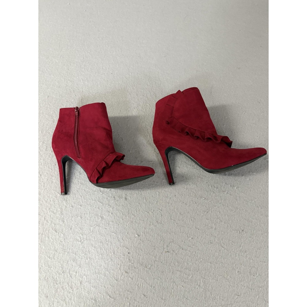 Ankle Booties‎ Womens Size 8 Red Faux Suede Ruffle Stiletto Dress Heel Boot